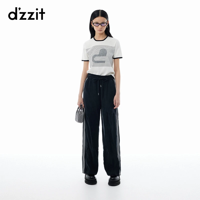 dzzit地素短袖针织衫夏秋休闲爱心烫钻条纹设计上衣女3I3E314