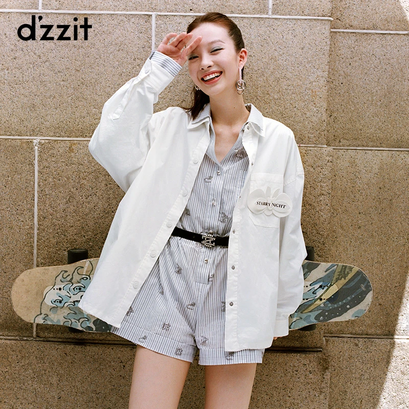 dzzit地素时髦棉质条纹短袖设计衬衫时尚连体短裤女3E3P704