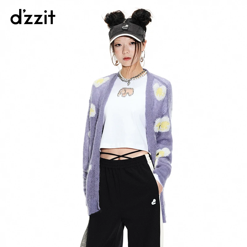 479【专属】dzzit地素慵懒爱心提花V领宽松薄款长袖针织开衫女