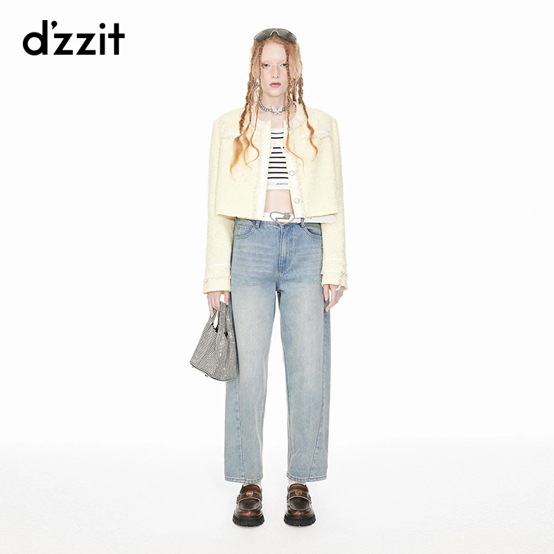 0094dzzit地素牛仔裤春秋斜向分割设计字母装饰直筒裤女3I1R605