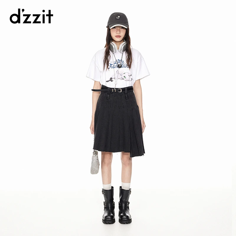 【专属】dzzit地素牛仔百褶裙春秋新不规则黑色半身裙短裙