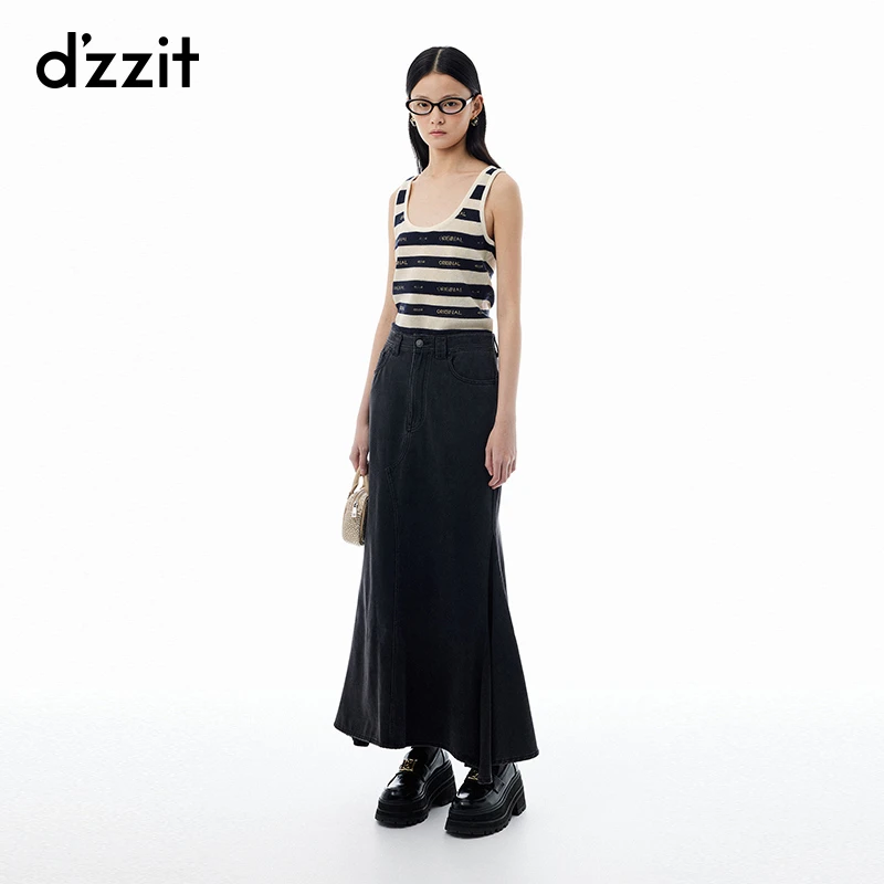 dzzit地素半身裙春秋法式优雅气质黑色牛仔鱼尾裙长裙女3I3RI01