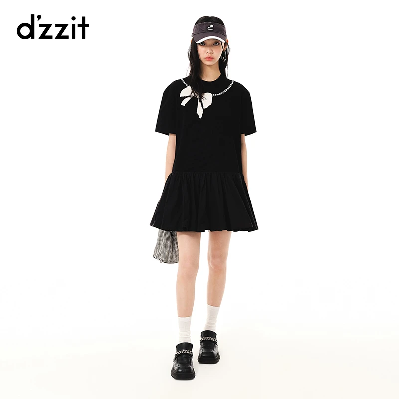 331【赵老板专属】dzzit地素夏秋甜酷少女蝴蝶结短袖黑色连衣裙