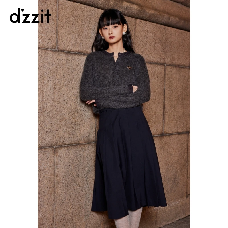 dzzit地素长袖针织衫秋冬格雷系羊毛混纺圆领开衫上衣女3I4E570