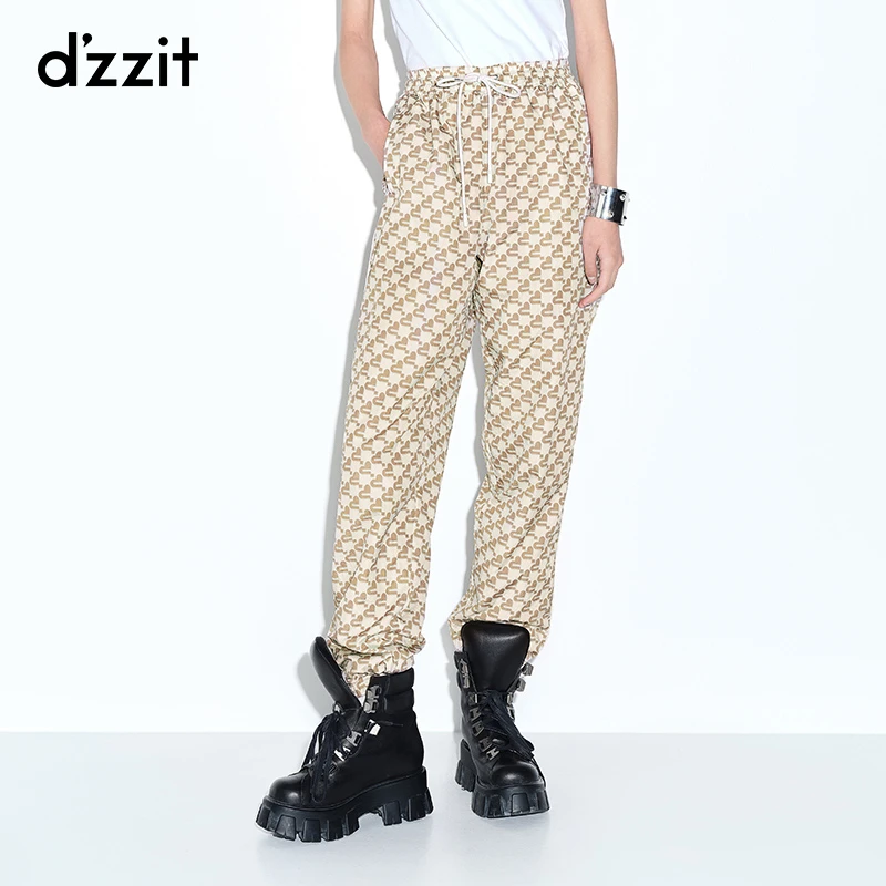 dzzit地素春秋时尚户外休闲松紧腰系带印花设计长裤女3E1Q418