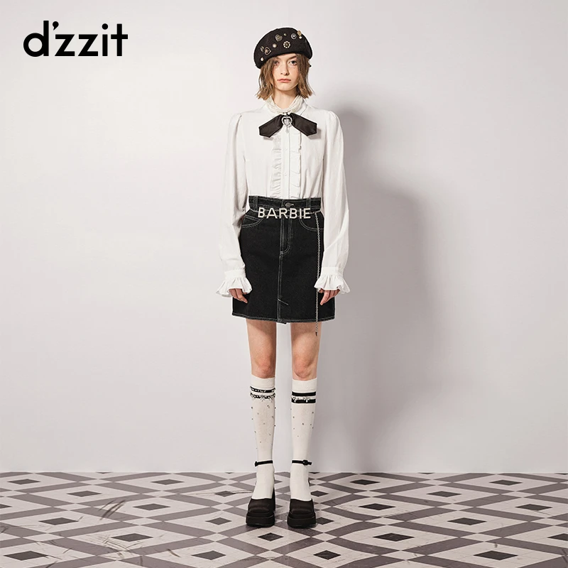 【专属】dzzit地素牛仔半裙春秋时髦明线装饰设计黑色A字短裙女