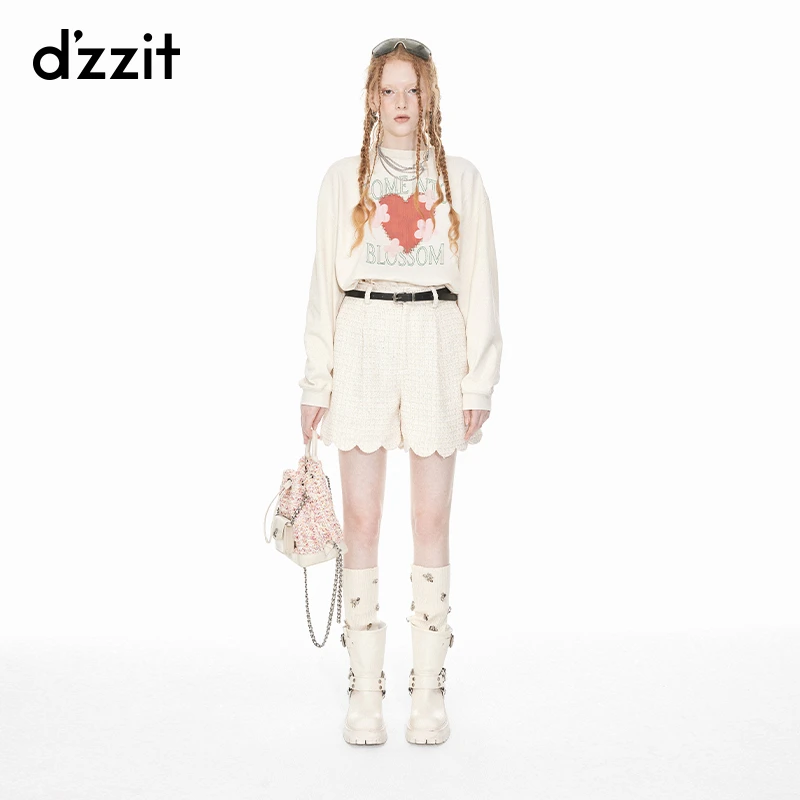 dzzit地素宽松卫衣春秋钉珠爱心印花圆领休闲上衣女3I1B536