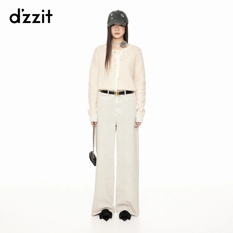 dzzit地素长袖毛衣复古少女风领口系带提花毛衫针织衫3I1E463