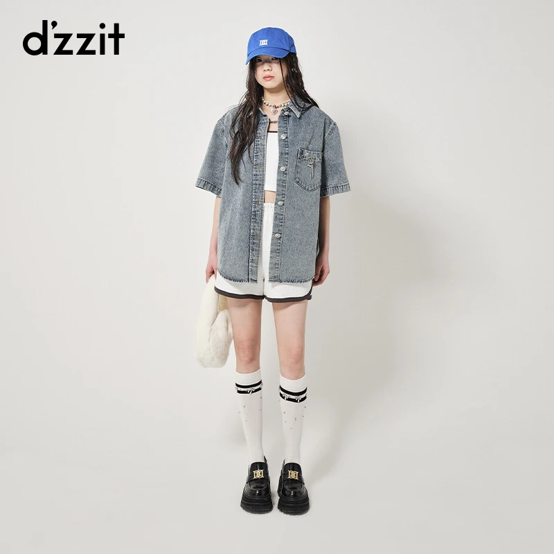 286【专属】dzzit地素复古牛仔衬衫外套水洗做旧短袖上衣女