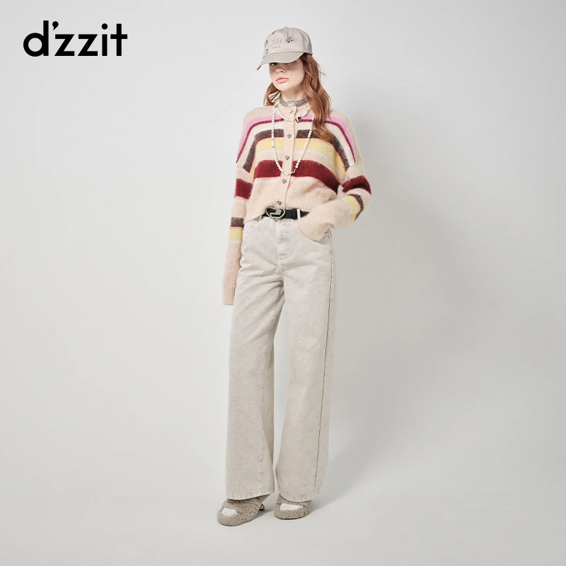 dzzit地素彩条针织衫摩登圆领短款钉钻纽扣设计开衫上衣3H4E541