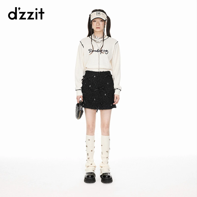 dzzit地素套头针织衫春秋复古字母绣花长袖上衣女3I1E4149B