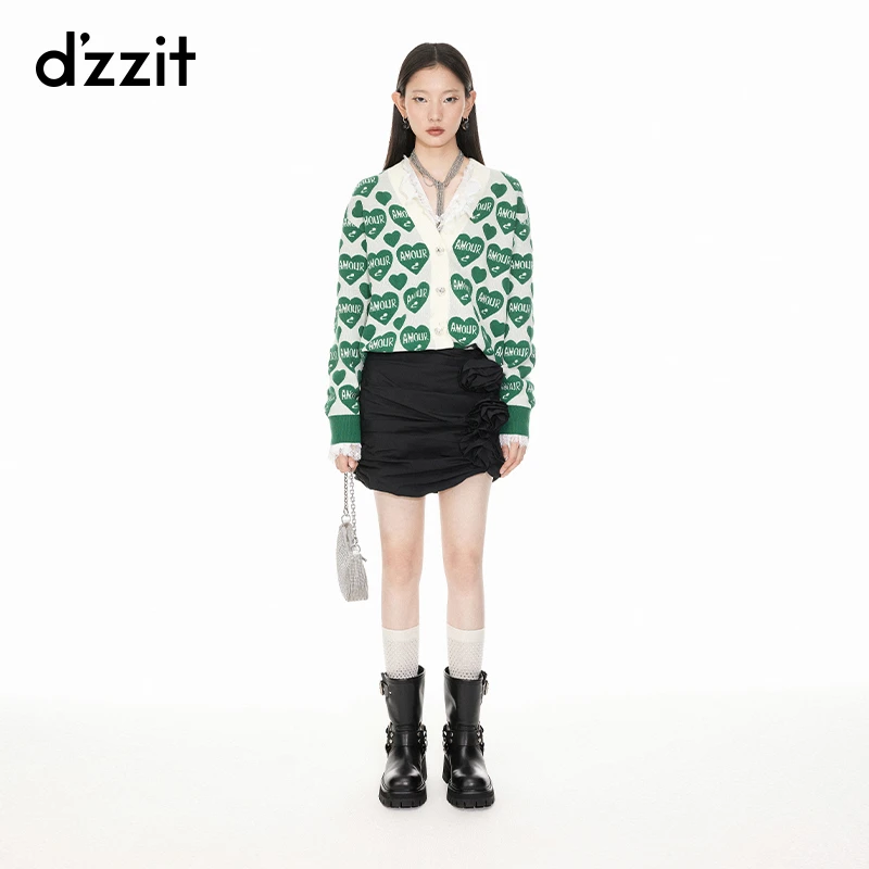 0095dzzit地素爱心针织衫春秋绿色宽松V领开衫上衣女3I1E547