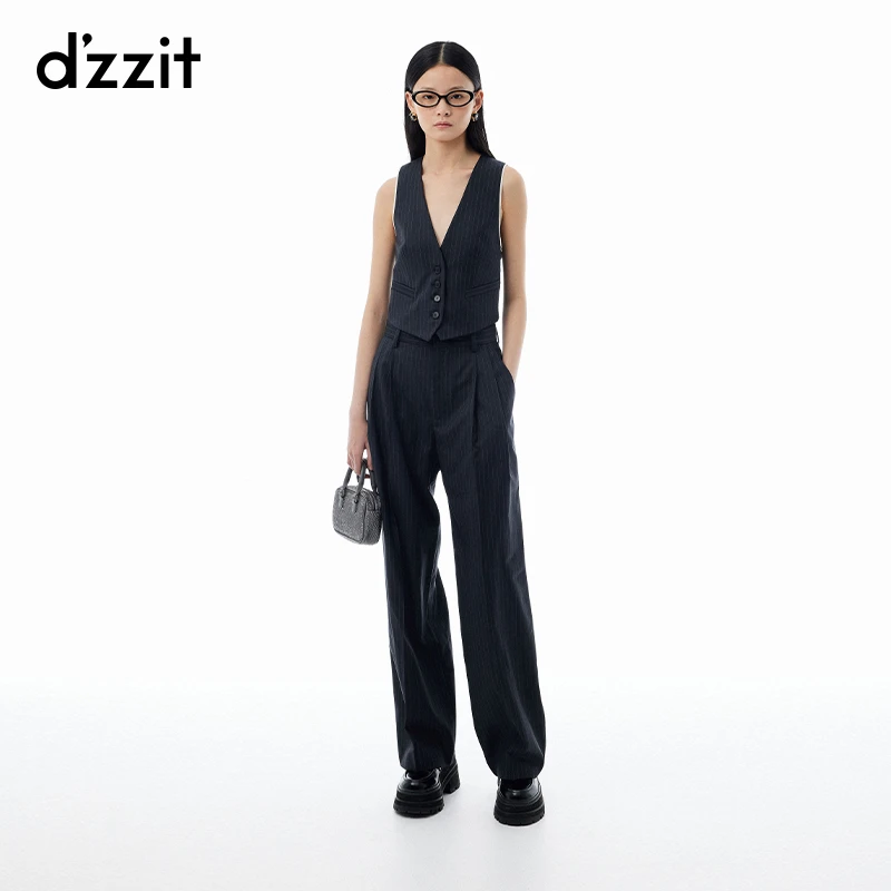 dzzit地素休闲裤春秋都市休闲风条纹羊毛混纺阔腿西装裤女3I3Q417