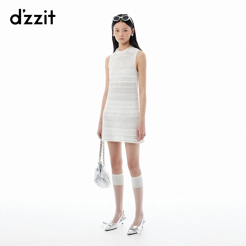 dzzit地素连衣裙春秋少女风挑洞镂空针织暗纹提花无袖裙女3I3E612