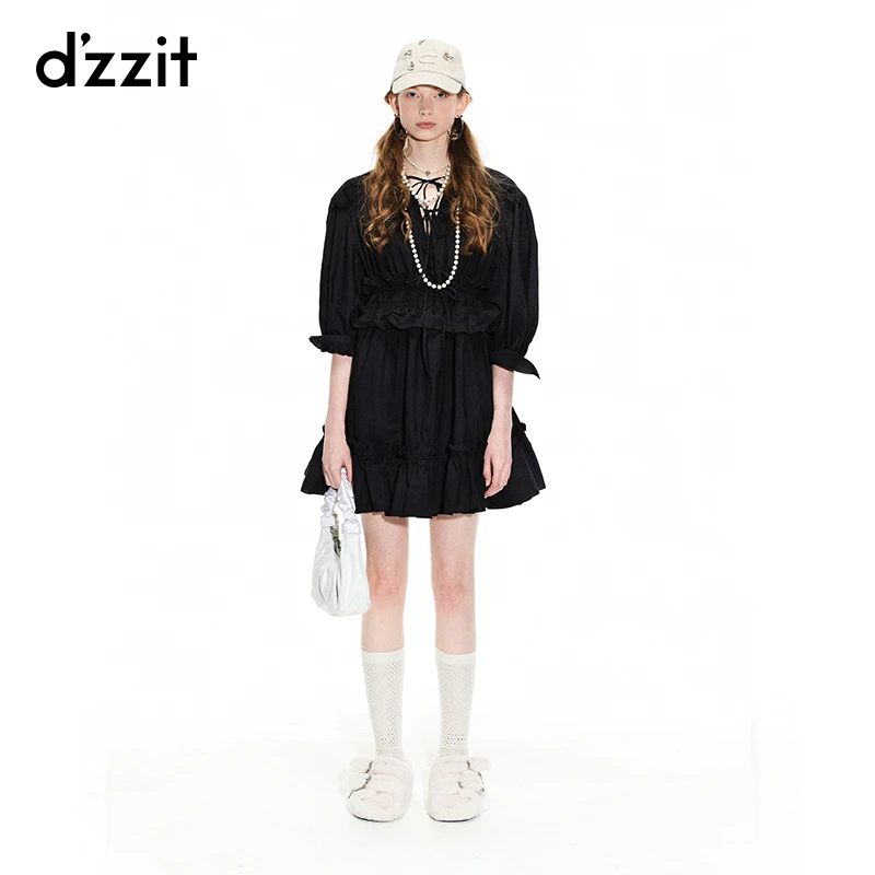 【专属】dzzit地素夏法式复古V领系带花边抽褶收腰设计连衣裙女