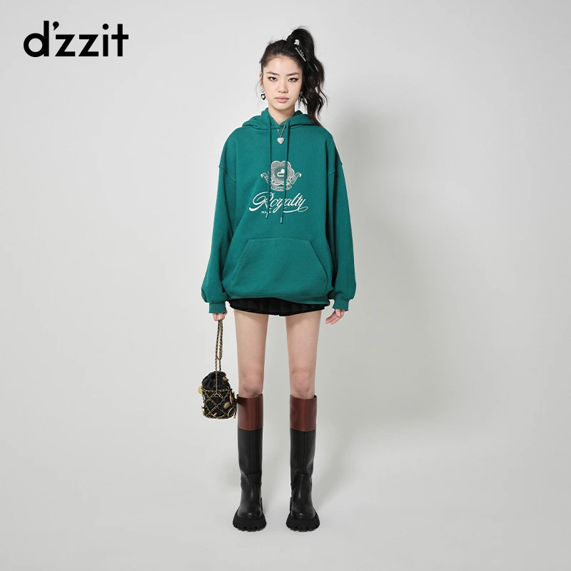 dzzit地素长袖卫衣美式运动宽松连帽印花棉质中长上衣女3H4J303