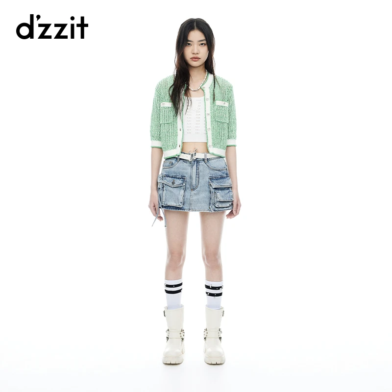 【专属】dzzit地素镂空针织衫夏季新小香风中袖短开衫上衣