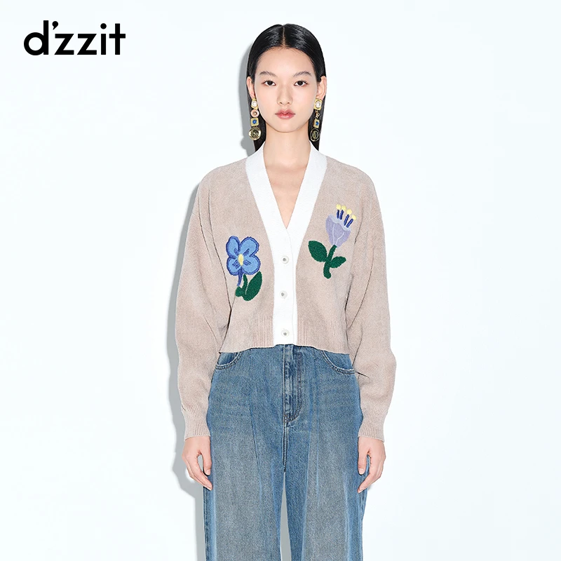 dzzit地素春秋休闲长袖V领撞色绣花宽松针织开衫上衣女3E1E518