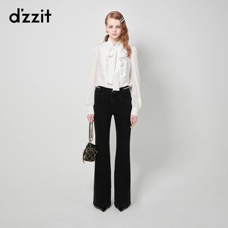 dzzit地素系带衬衫法式通勤白色木耳边薄款长袖上衣女3H4C4021C