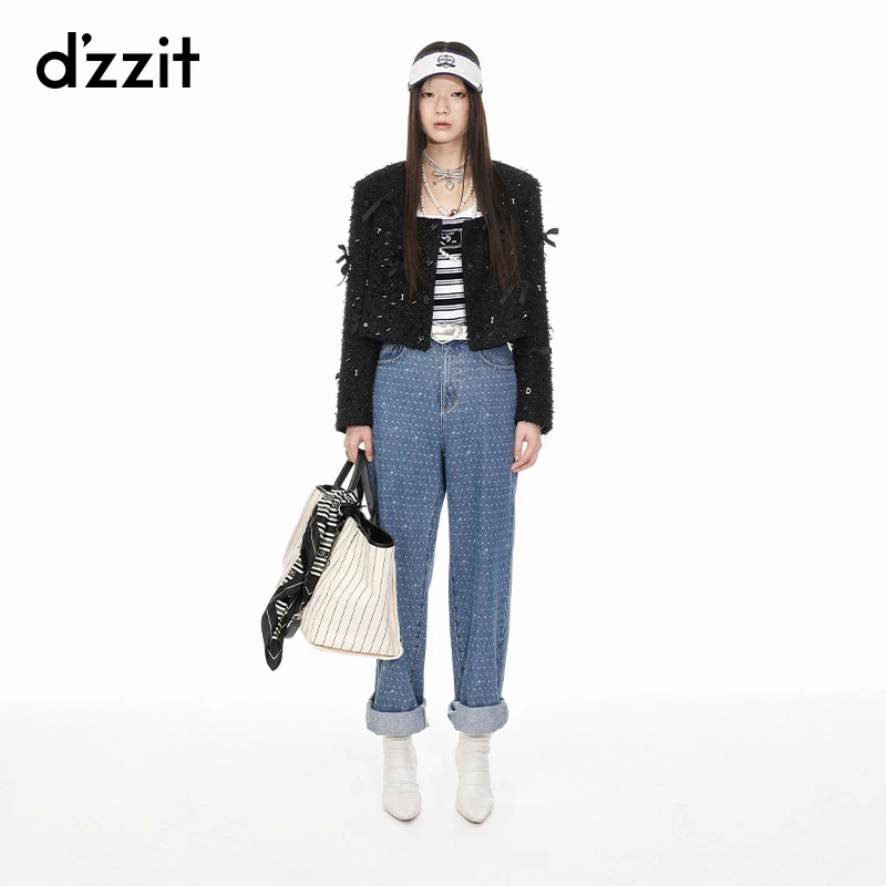 427【专属】0107dzzit地素蝴蝶结粗花呢短外套春秋小香风黑色