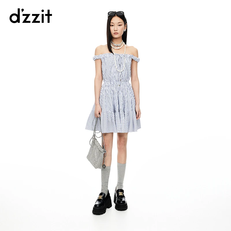 明星同款dzzit地素连衣裙夏摩登一字领条纹收腰短裙子女3I2O209