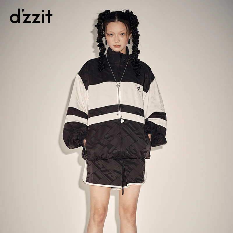 dzzit地素春秋时尚复古黑白提花休闲宽松运动风外套女3E3F430