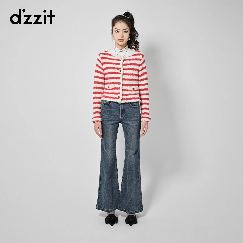 dzzit地素条纹针织衫老钱风羊毛混纺圆领长袖开衫上衣女3H4E549