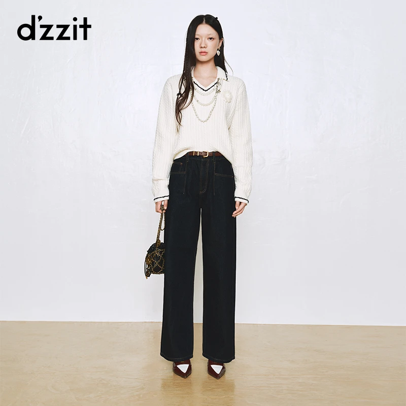 dzzit地素长袖针织衫秋冬白色立体花朵装饰毛衫上衣女3H4E4601B