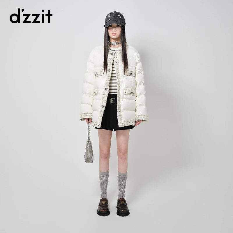 dzzit地素拼粗花呢中长款羽绒服冬季小香风圆领拼接外套女3H4K401