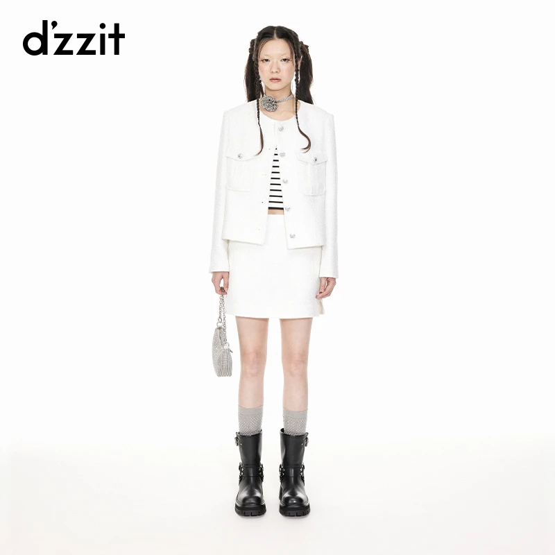242【专属】dzzit地素粗花呢亮片外套小香风法式白色圆领女
