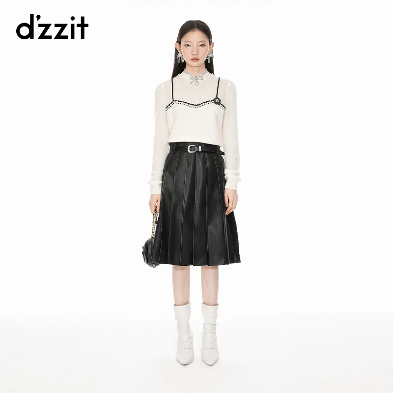 218【专属】dzzit地素环保皮半身裙时髦黑色A字百褶裙中裙女