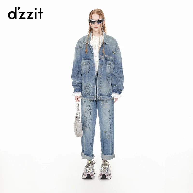 0153【驯龙高手联名】dzzit地素印花牛仔裤春秋丹宁风长裤女3I1R609