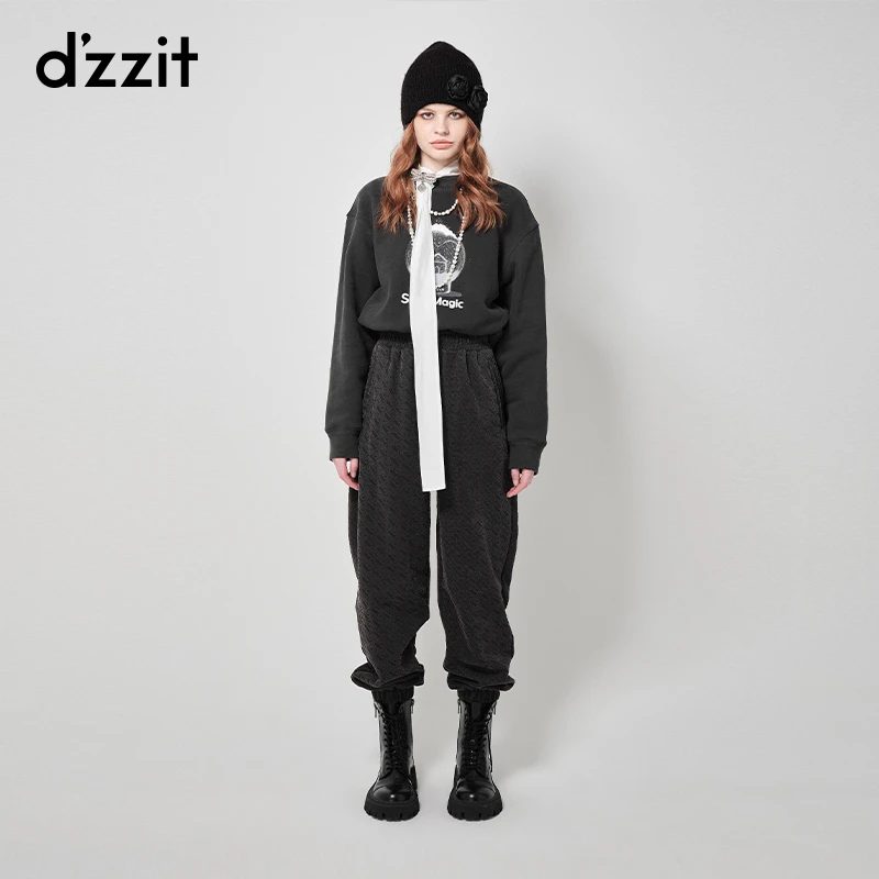 516【专属】dzzit地素加绒植绒卫裤运动风束脚休闲裤长裤女3I1Q401