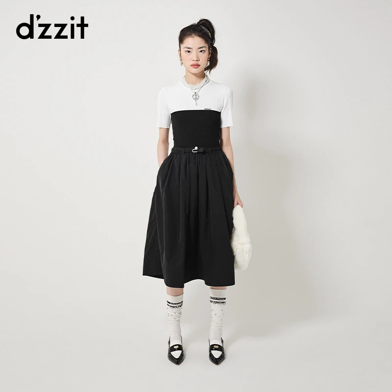 【DZ】dzzit地素短袖连衣裙黑白针织拼接收腰裙子女
