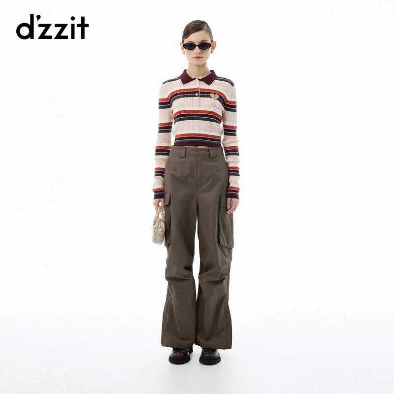 dzzit地素长袖针织衫春秋学院风彩条Polo领修身上衣女3I3E415