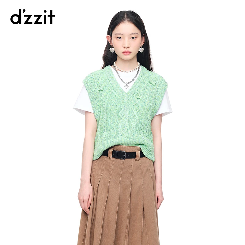 dzzit地素春秋复古文艺V领立体针织背心马甲上衣女3E1E210