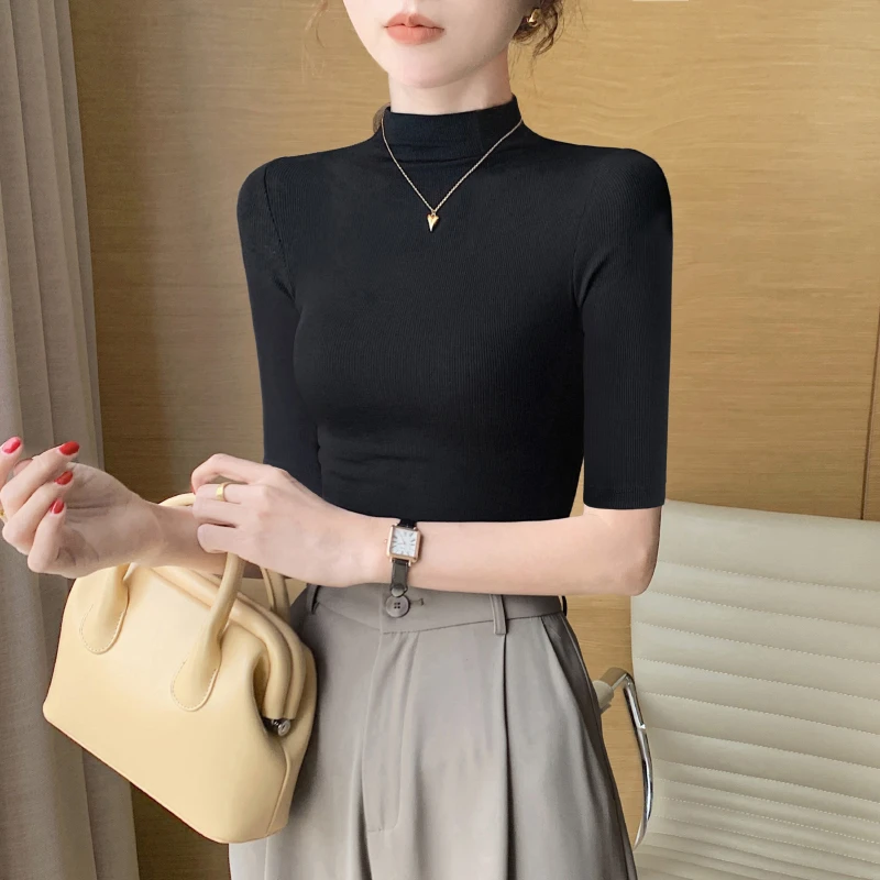 VOCKOO黑色针织半高领打底衫中袖t恤女2023新款春秋冬五七分袖内