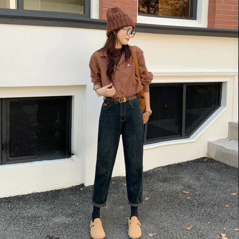 【梨形身材定制】高腰牛仔哈伦裤老爹裤女弹力显瘦遮臀大码宽松秋季