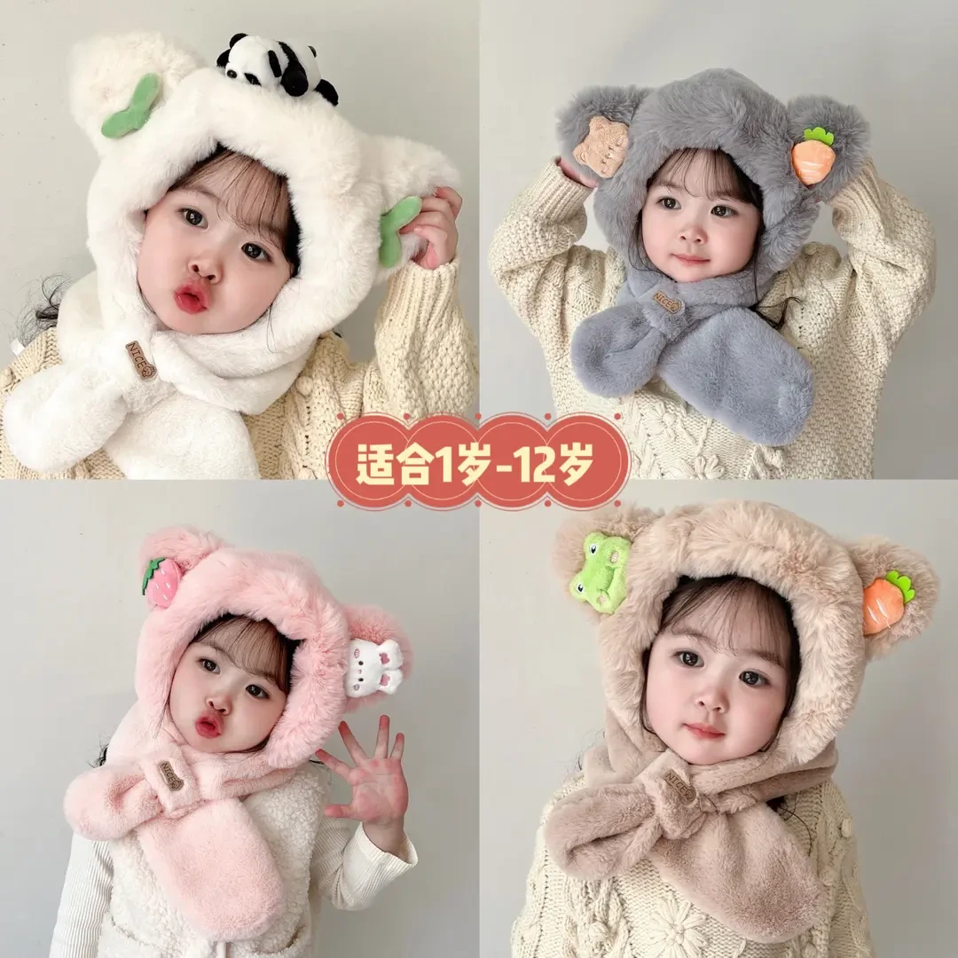 宝宝冬季帽子围巾一体加绒保暖儿童防风护耳帽男童女童加厚毛绒帽