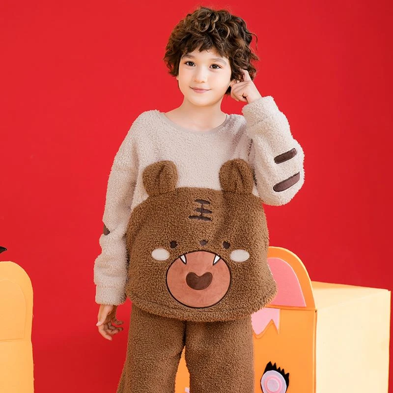 【加厚米粒绒萌虎卡通】秋冬圆领可外穿家居服内衣男女童睡衣套装