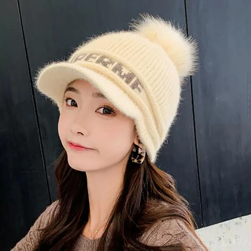 帽子女冬季加厚保暖时尚毛线鸭舌帽韩版可爱护耳防寒针织兔毛帽潮