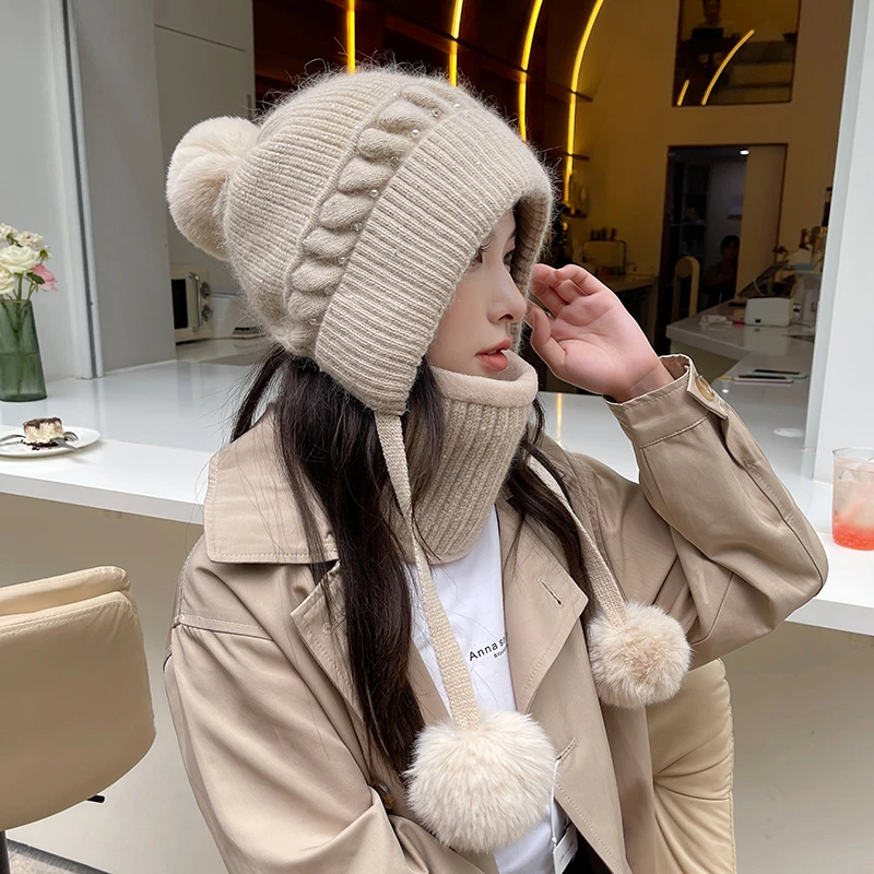 帽子围脖套装女冬季加厚保暖时尚毛线帽甜美可爱兔毛帽百搭针织帽