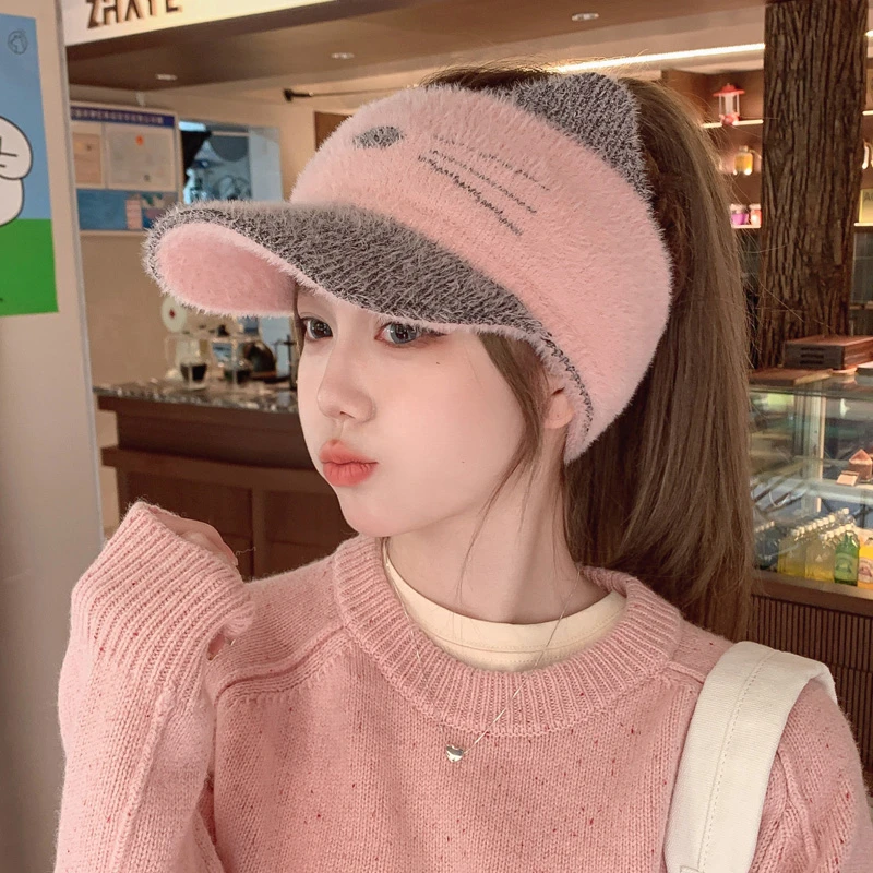可爱猫咪加绒保暖针织鸭舌帽秋冬季女加厚护耳毛线空顶帽无顶帽子