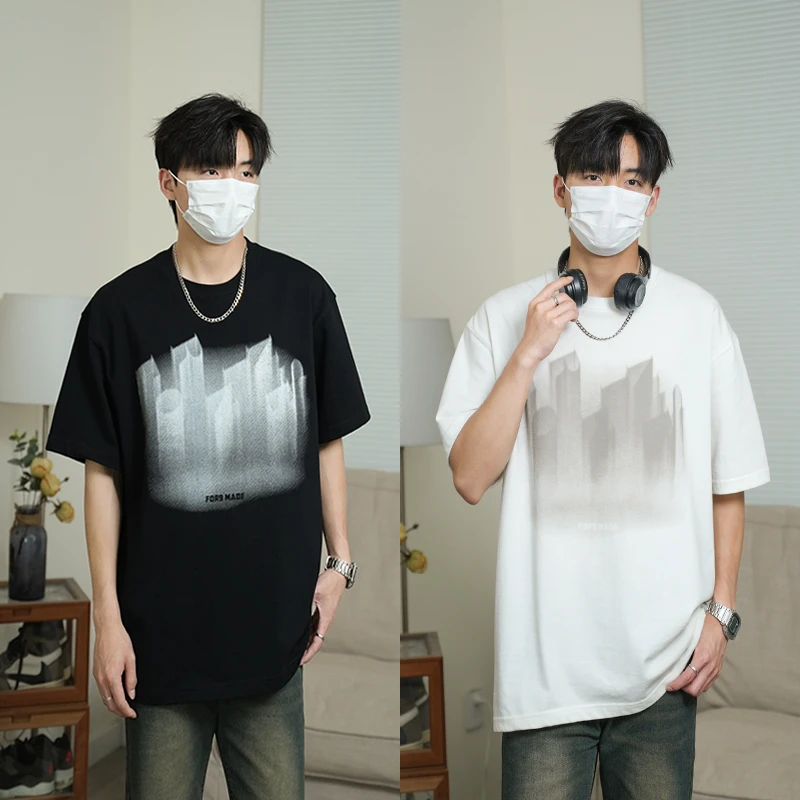 2025夏季国潮纯棉短袖宽松百搭圆领t恤3D立体印花情侣半袖男T75