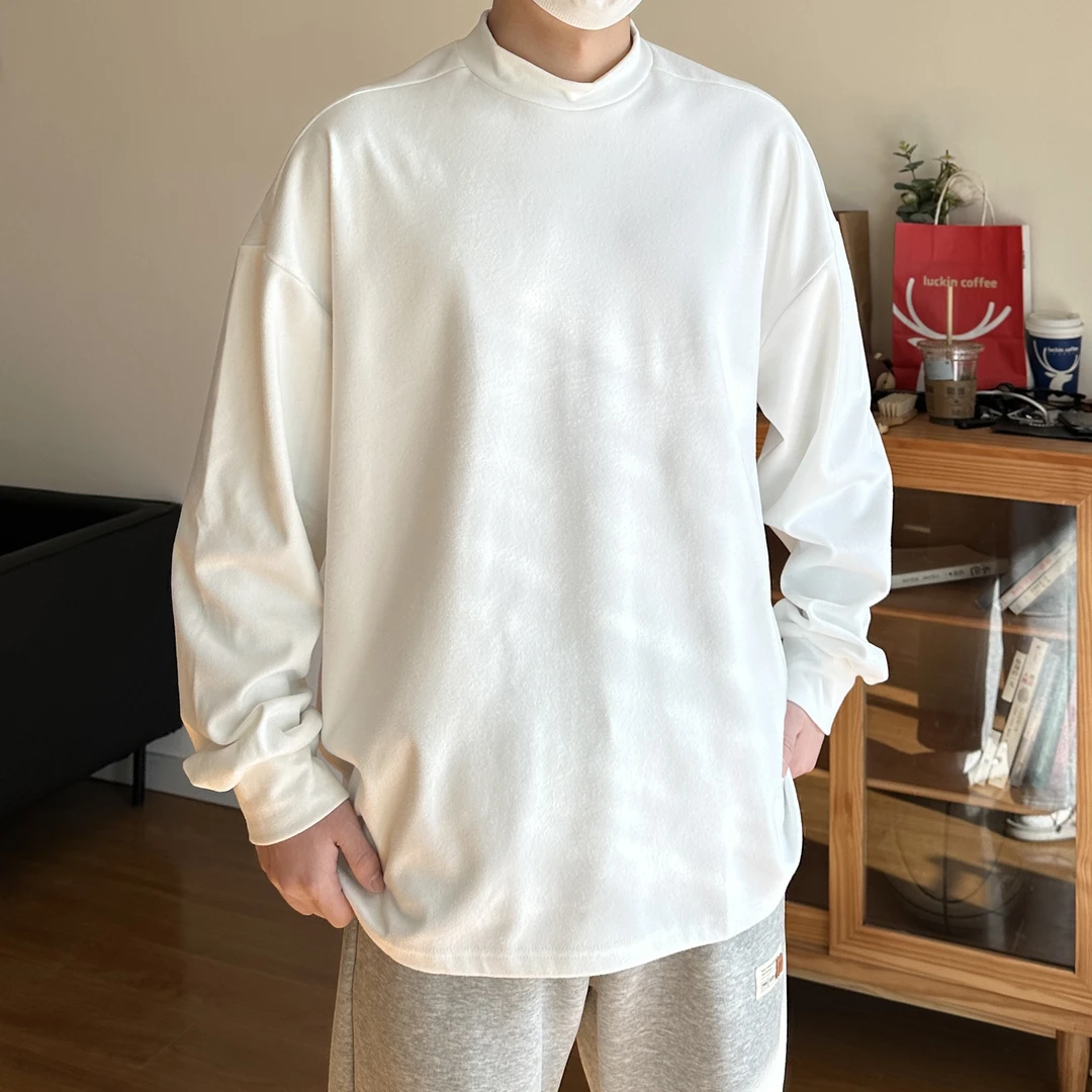 280G秋冬自发热德绒半高领打底衫宽松休闲百搭潮流长袖上衣男FY00