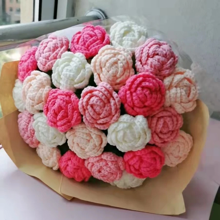 钩针毛线花束花朵成品纯手工diy自制玫瑰花康乃馨百合向日葵编织