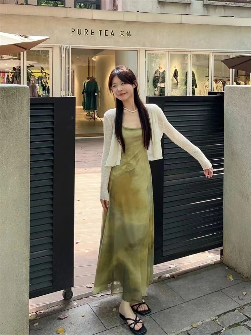 2025夏季复古国风晕染吊带裙显瘦连衣裙女夏季薄款针织开衫