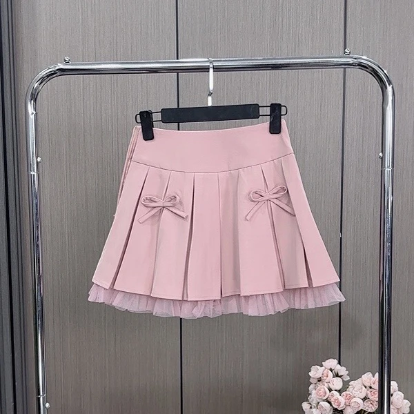 蝴蝶结网纱拼接百褶裙女学院风高腰a字短裙