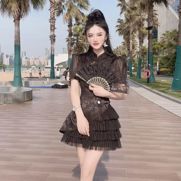 新中式提花ins旗袍连衣裙女夏季新款收腰短裙子甜美蛋糕裙xxx