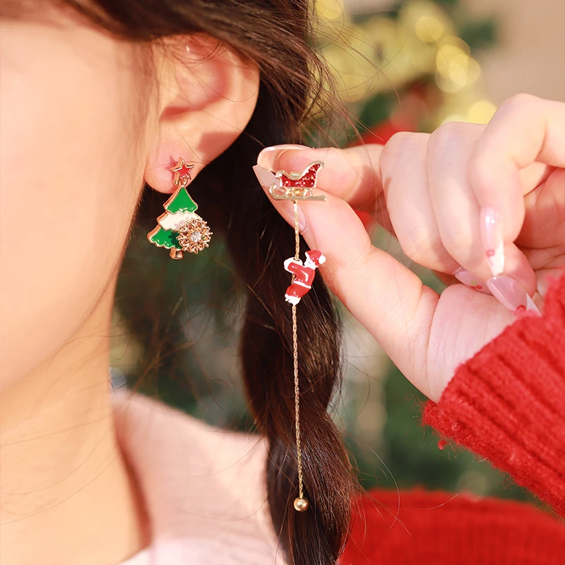合金耳饰 【原创】圣诞新品会旋转的雪花圣诞树ab款不对称925耳钉